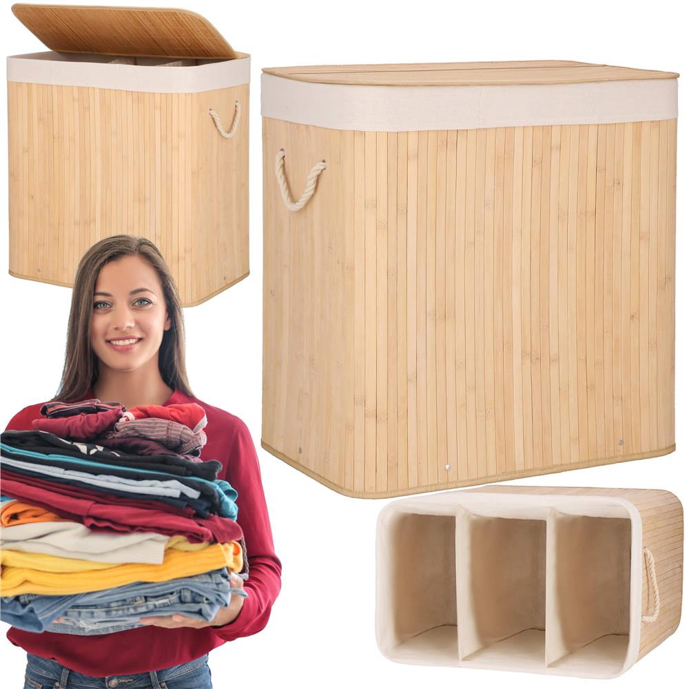 Cos de rufe din bambus, pliabil, cu captuseala detasabila lavabila, 3 compartimente, 150L, 63x42x62cm, maro