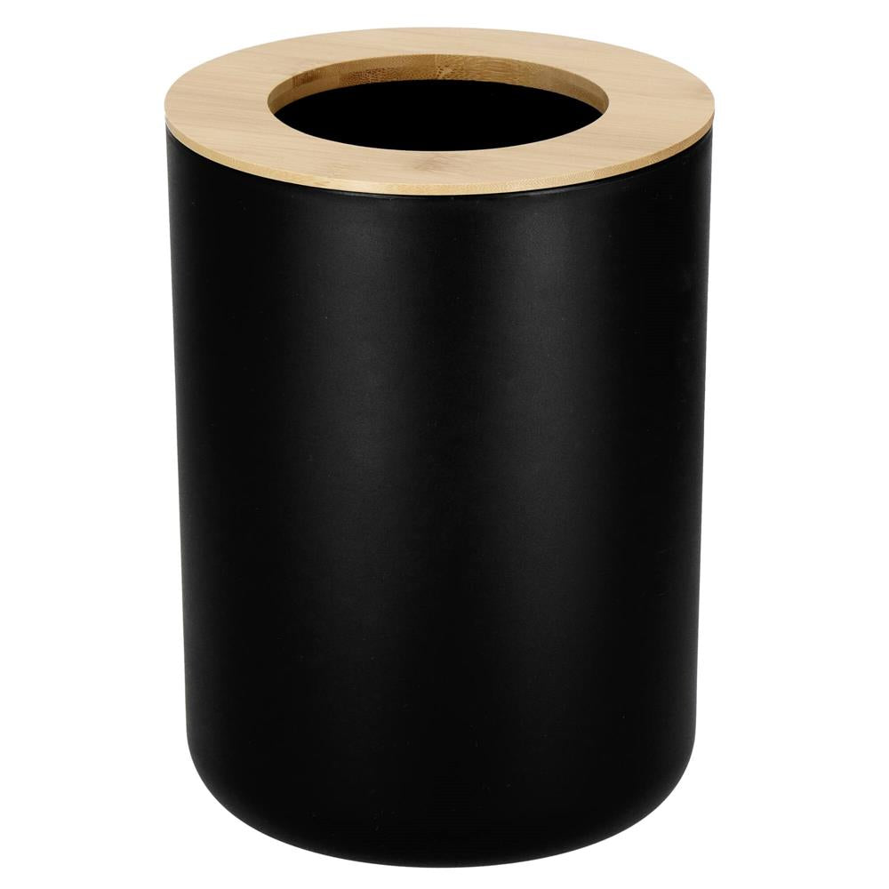 Set de accesorii rotunde pentru baie din plastic cu elemente bambus, 6 piese, negru