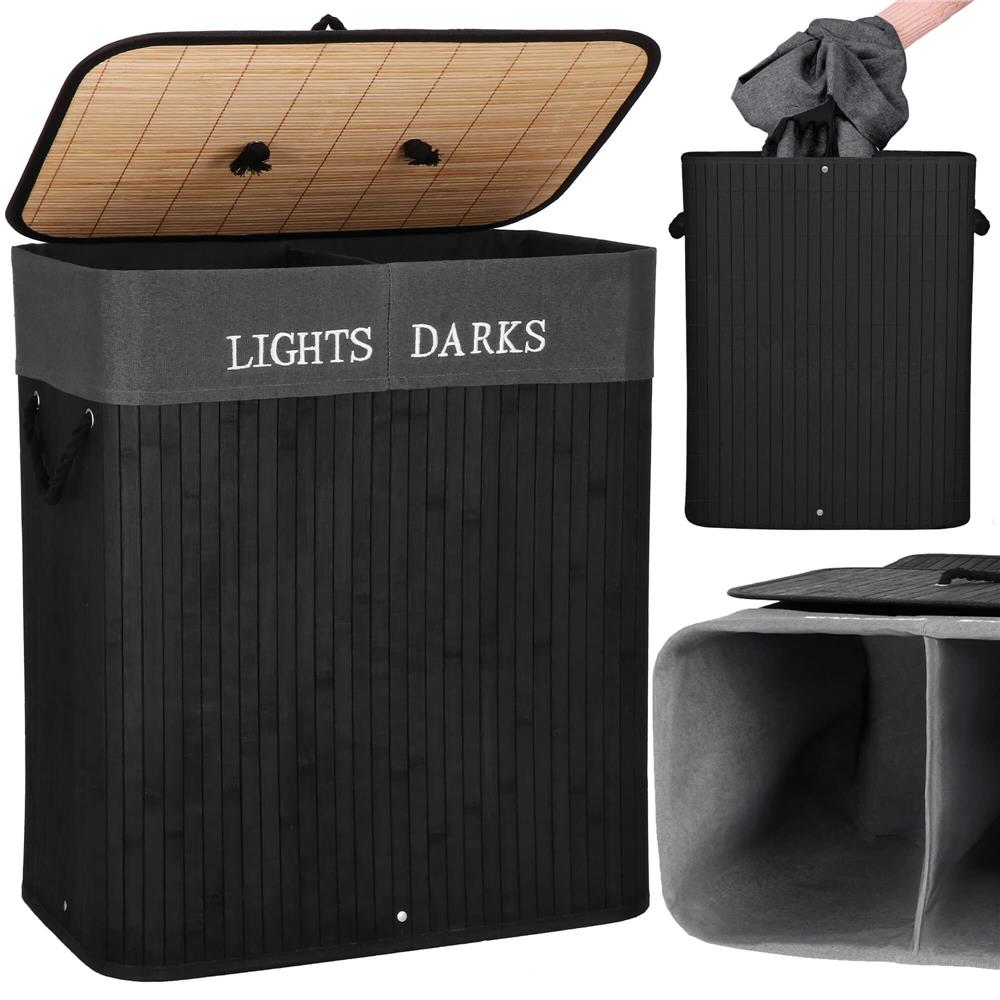 Cos de rufe din bambus cu capac, 2 compartimente, sac detasabil, volum 100L, 54x34x60cm, negru
