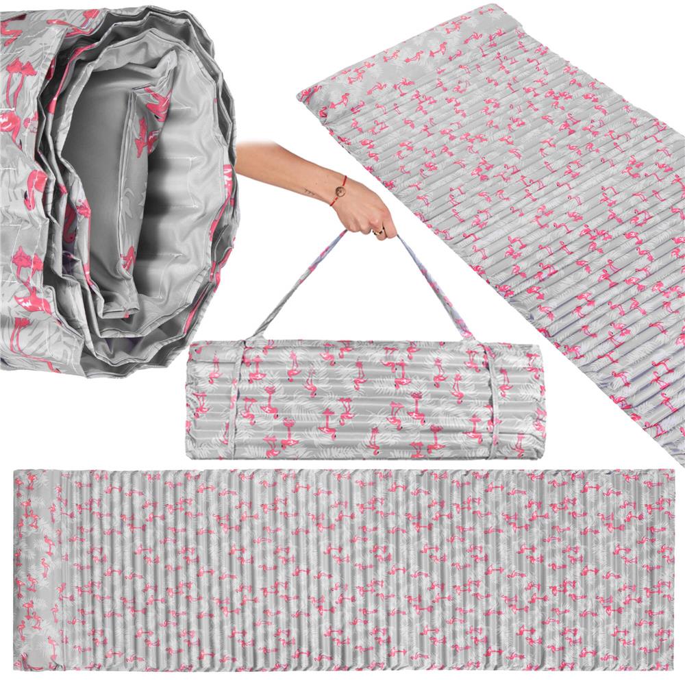 Saltea pentru plaja pliabila, din spuma, ultra-usoara, cu perna si maner de transport, 60x180cm, gri flamingo roz