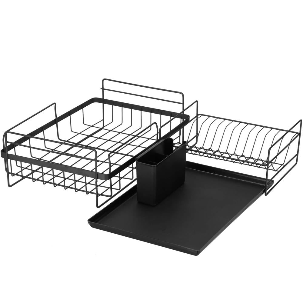 Uscator de vase cu suport tacamuri, din otel, pe 2 nivele, cu tava de scurgere, 50x30x24cm, negru