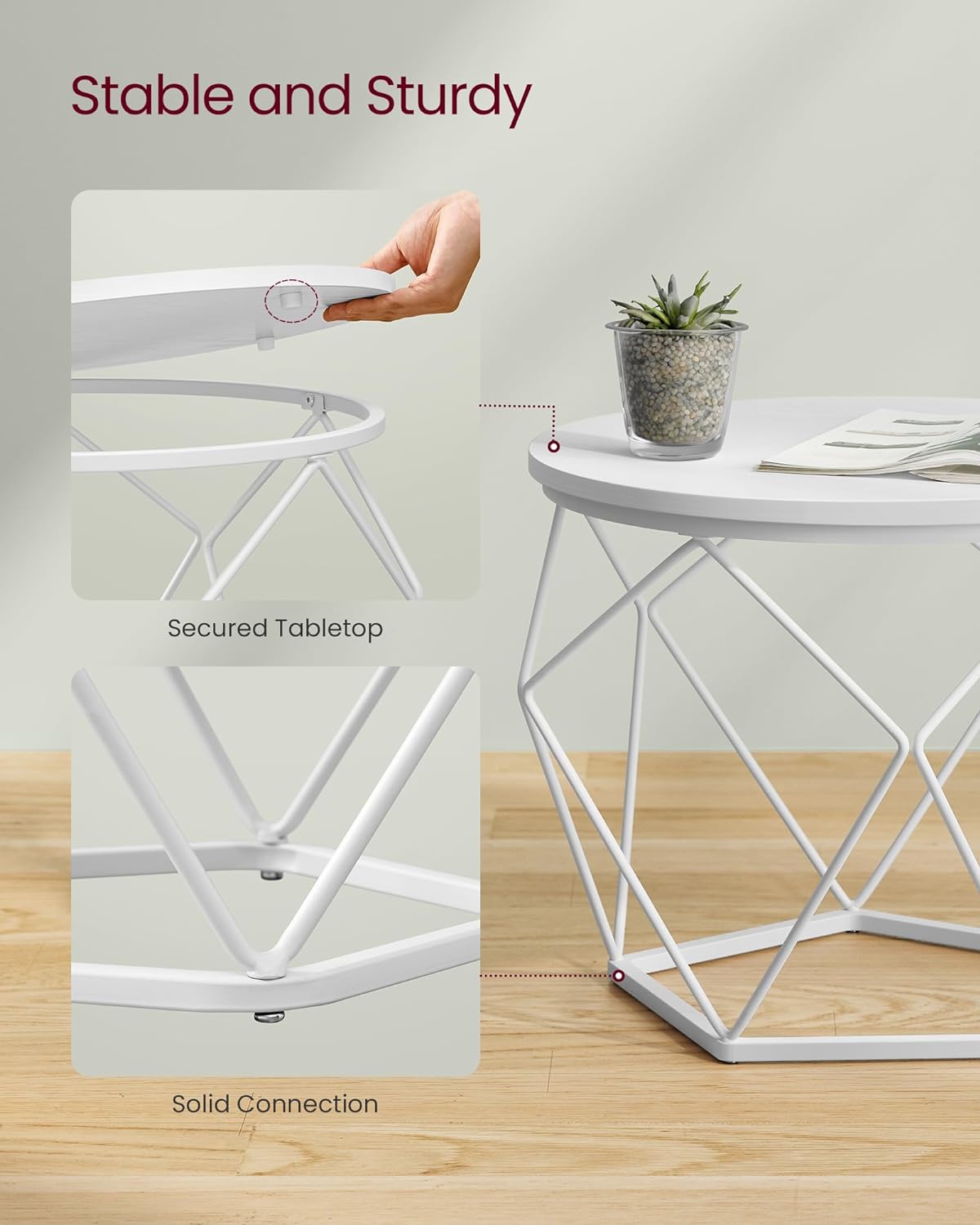 VASAGLE Set de 2 mese de cafea rotunde, cadru otel si blat detasabil, 40cm si 50cm, alb - 7