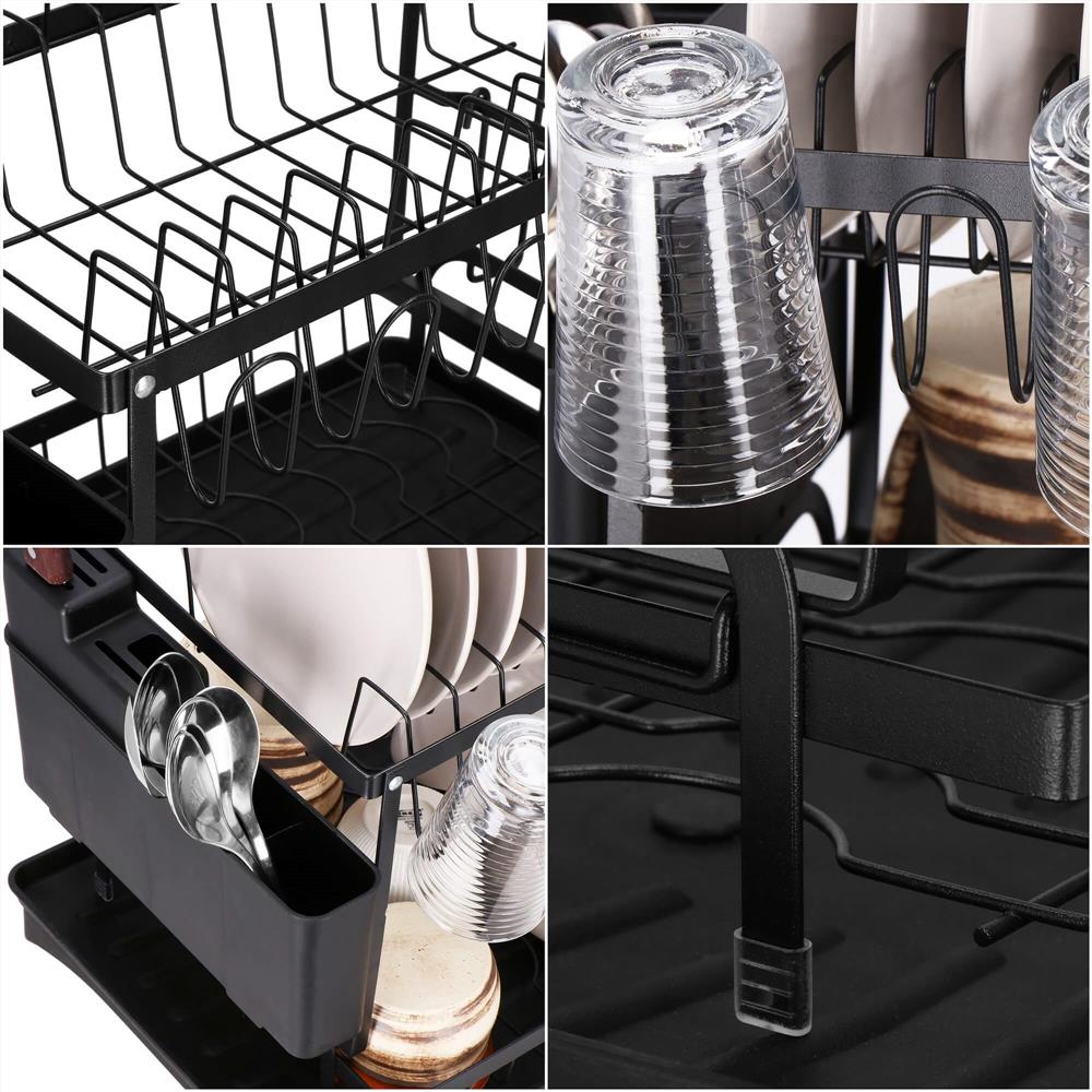 Uscator de vase cu suport pahare si tacamuri, din otel, pe 2 nivele, cu sistem drenaj, 42x30x30cm, negru