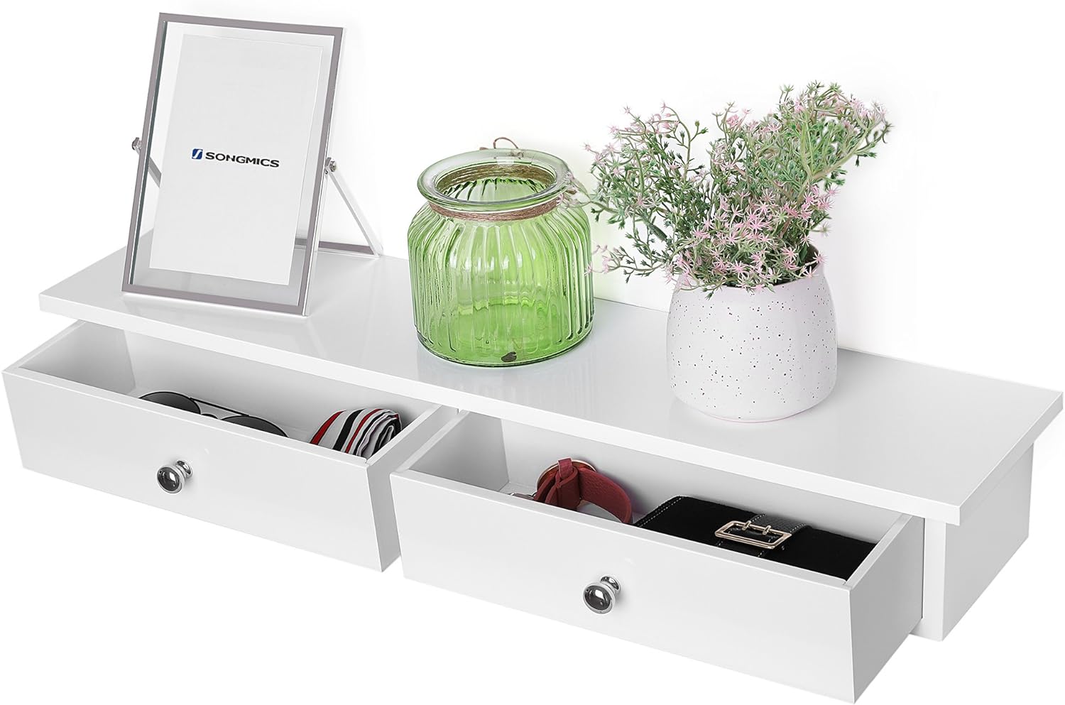 SONGMICS Raft de perete plutitor cu 2 sertare, MDF, sarcina 15kg, 15x65x10cm, alb