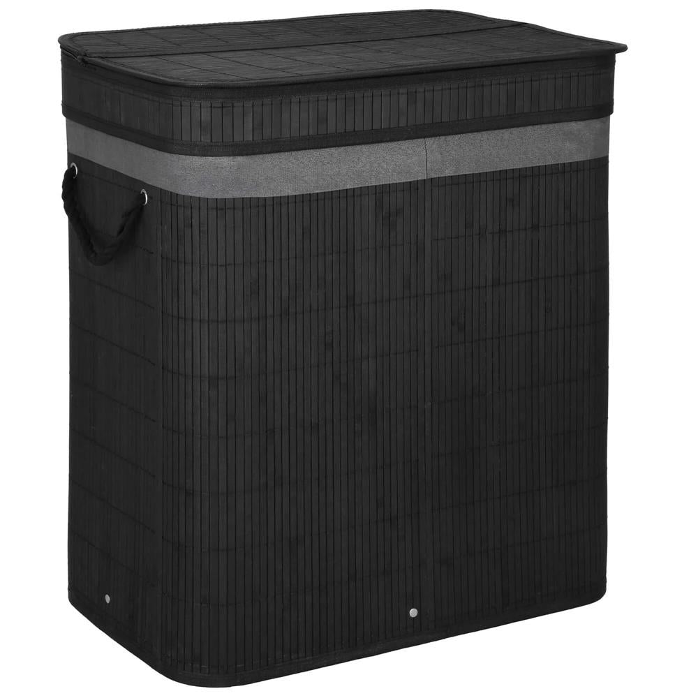 Cos de rufe din bambus cu capac, 2 compartimente, sac detasabil, volum 100L, 54x35x60cm, negru