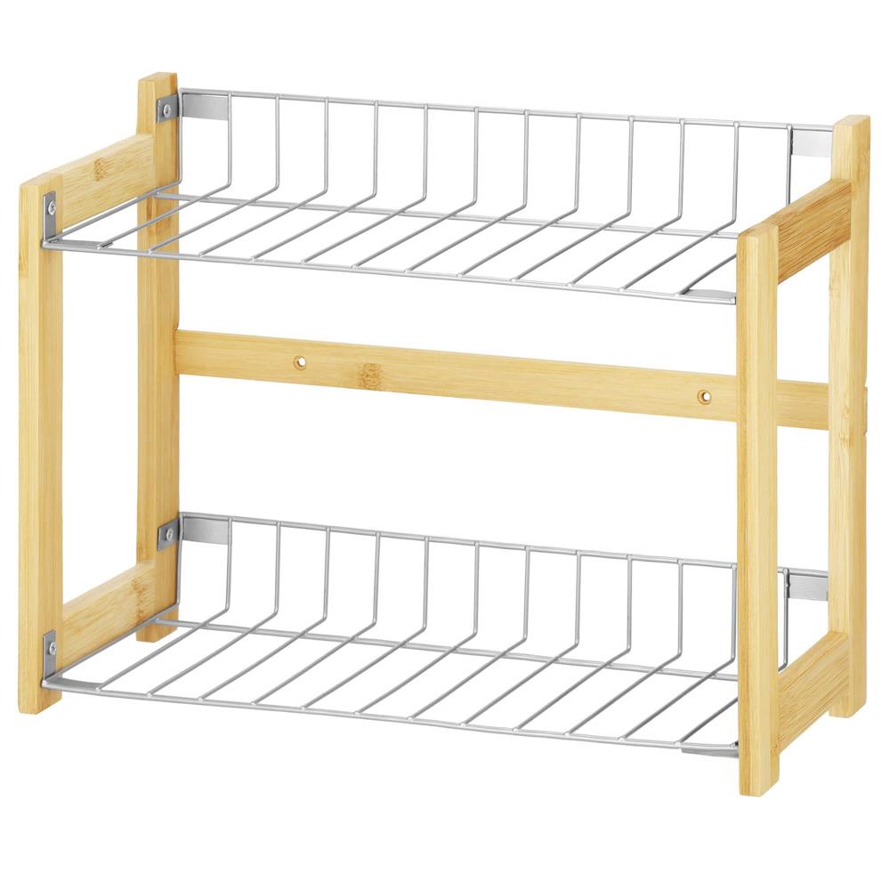 Suport organizator multifunctional cu 2 etaje, bambus si metal, 33x14x25cm