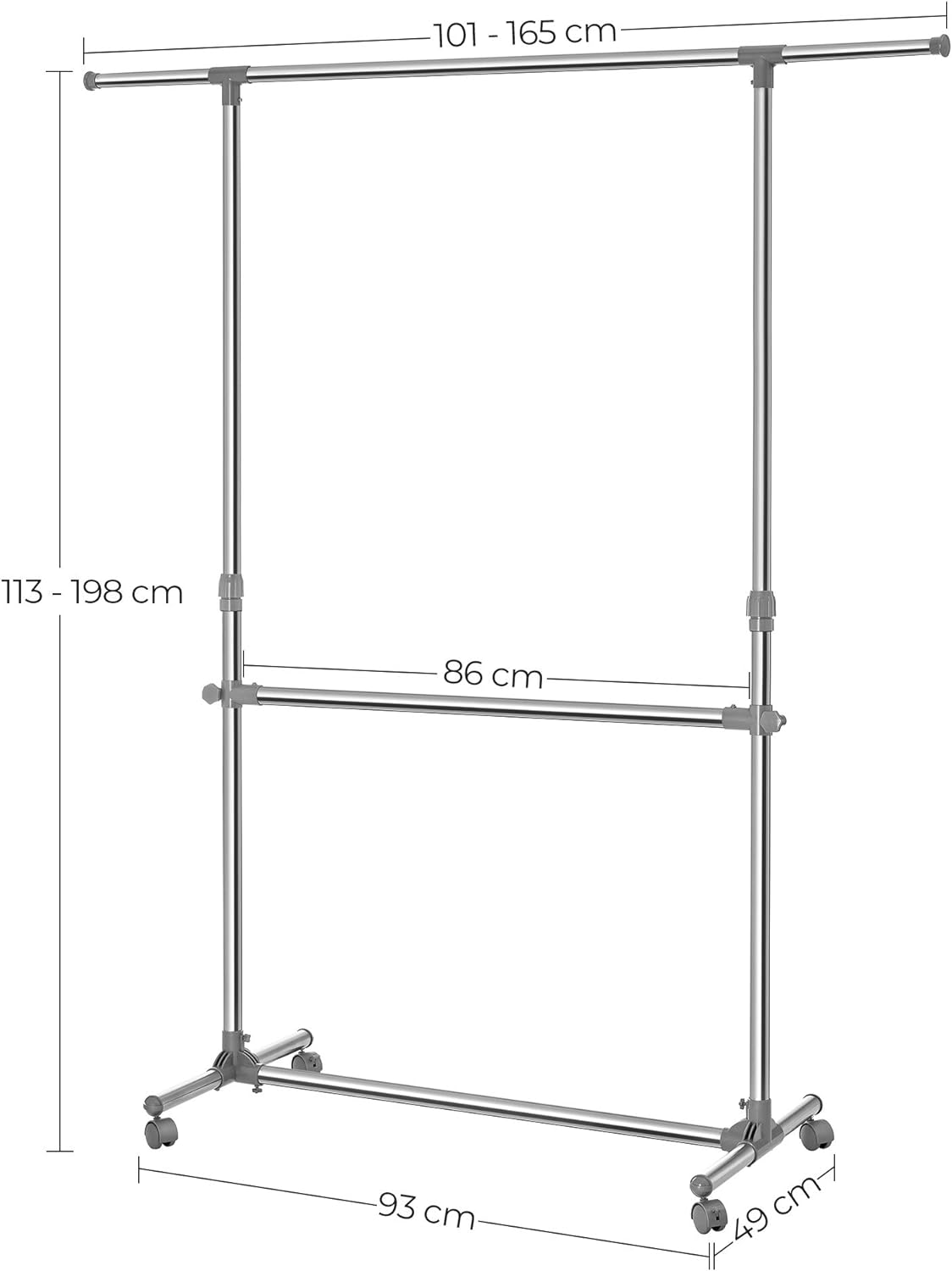 Suport pentru haine cu sina superioara extensibila, pe roti, reglabil in inaltime 113-198cm, argintiu