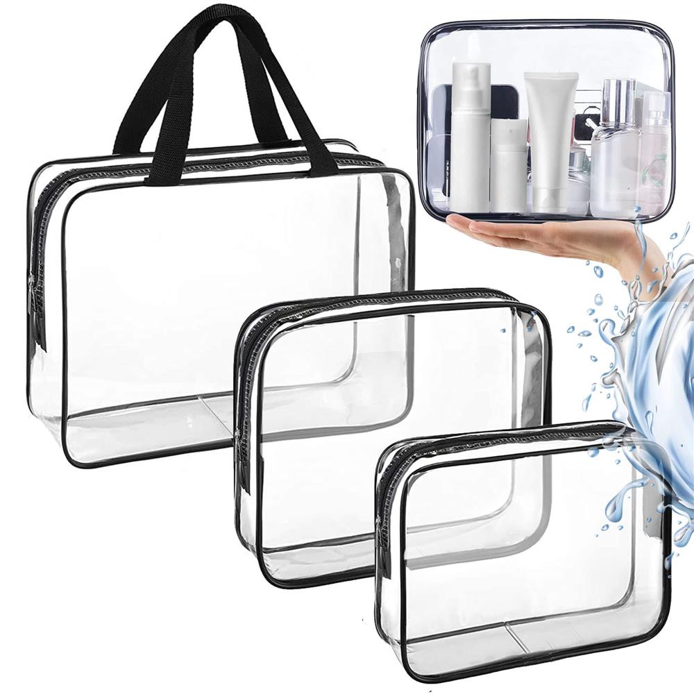 Set 3 genti organizatoare de calatorie cu fermoar, diverse dimensiuni, transparente