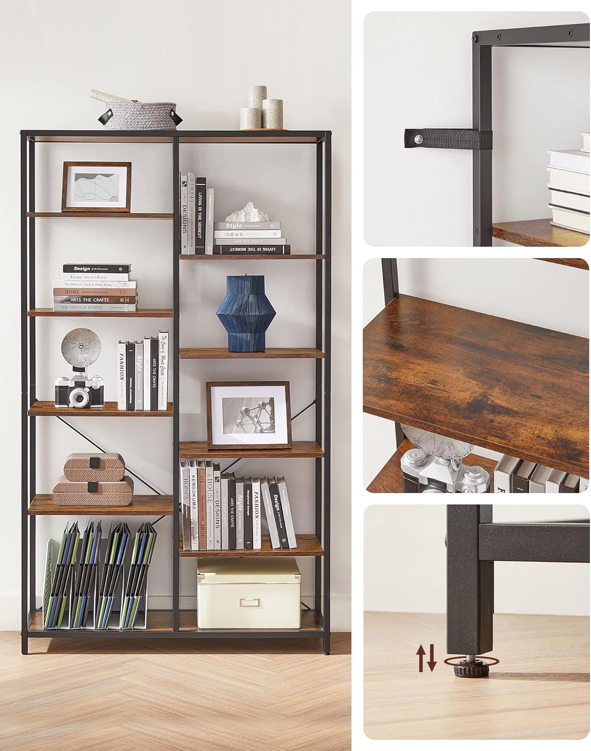 Biblioteca cu suport de depozitare pe 5 etaje, 30x100x170cm, stil industrial, maro rustic si negru