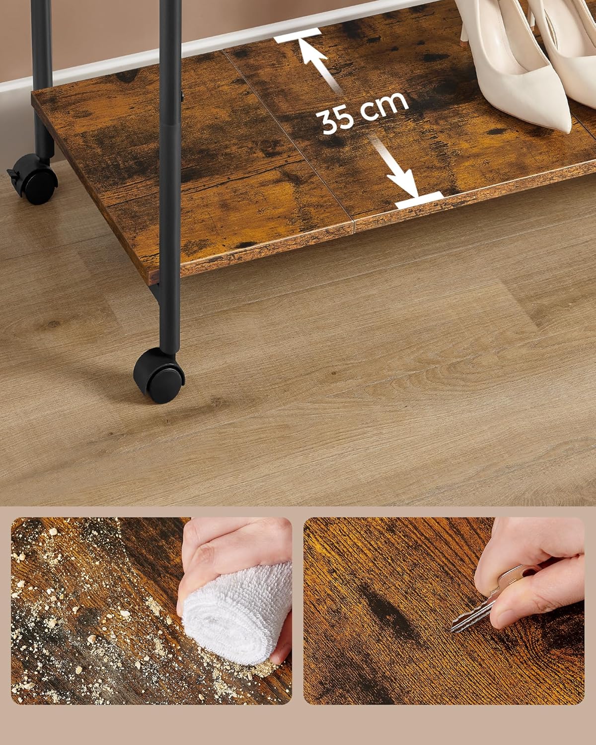 SONGMICS Suport pentru haine dublu cu 2 sine de agatat si polita inferioara, pe roti, 40x99x157 cm, negru
