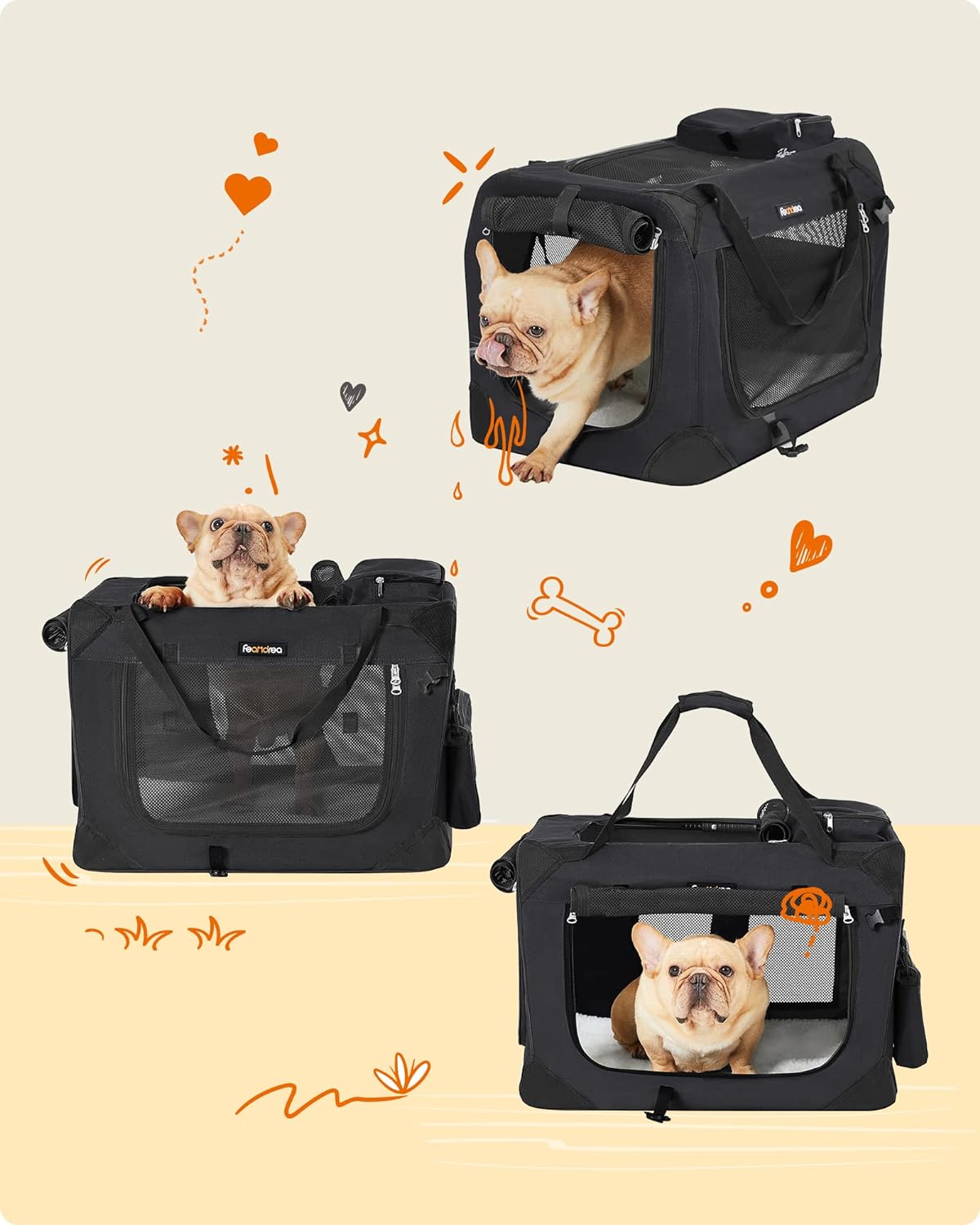 FEANDREA Geanta transport animale de companie, pliabila, din material textil, marime M, 60x42x42cm, negru