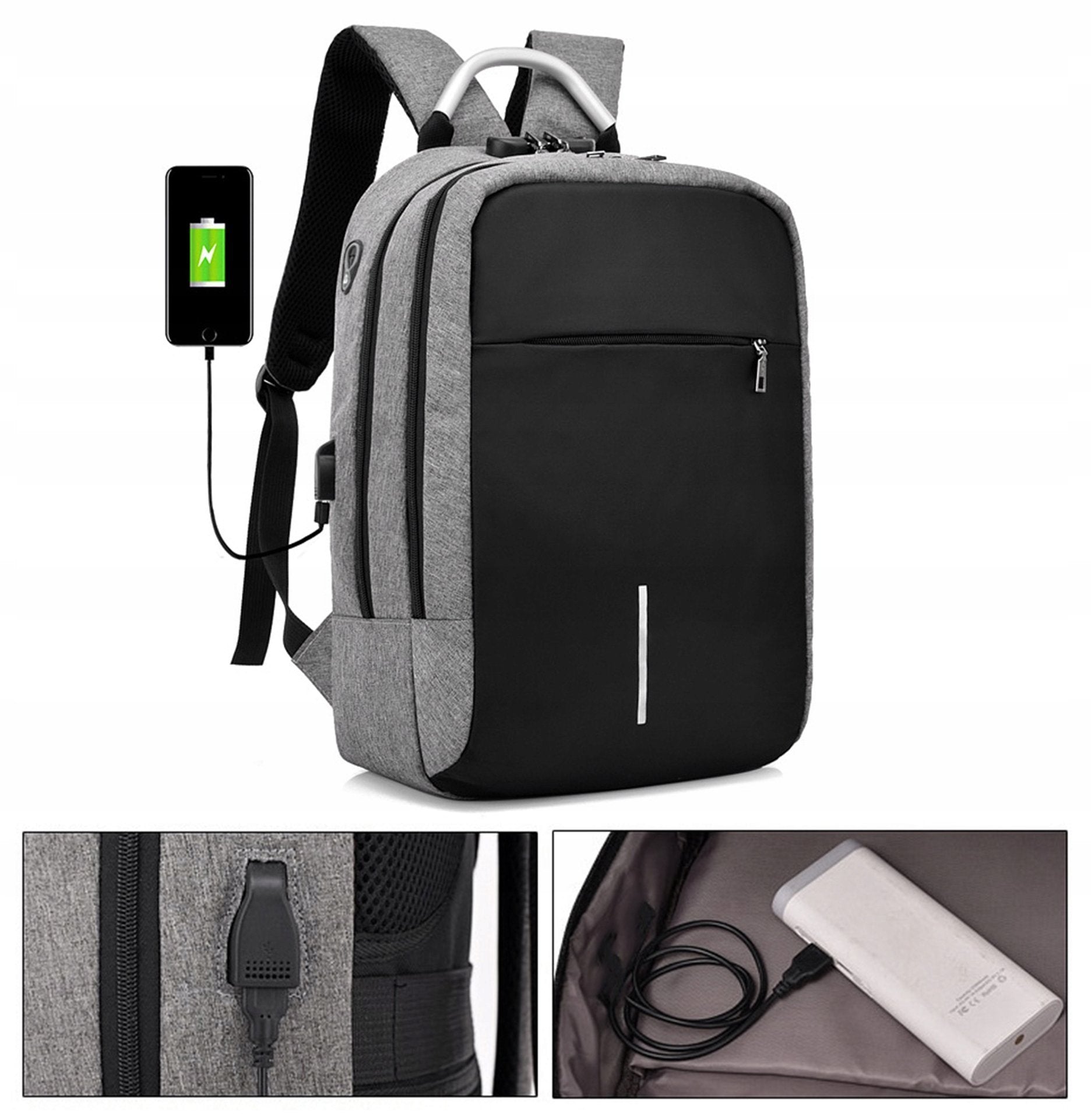 Rucsac impermeabil, cu sistem antifurt, port USB, 45x14x30cm, 25litri, negru si gri