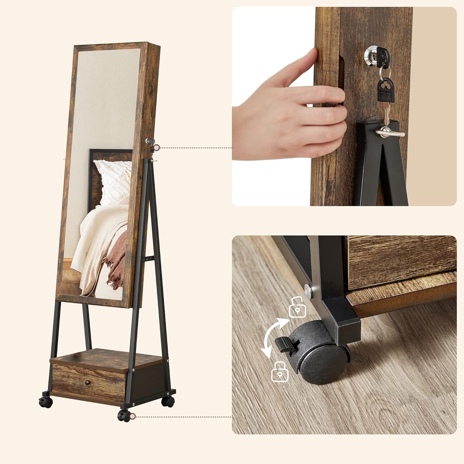 SONGMICS Oglinda de podea cu suport mobil pe roti, spatiu de depozitare, 42x37x153 cm, maro rustic