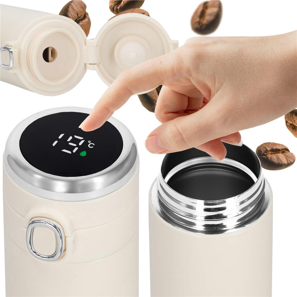 Cana termos Smart, inox, display LED, afisare temperatura, 420ml, 20cm, crem