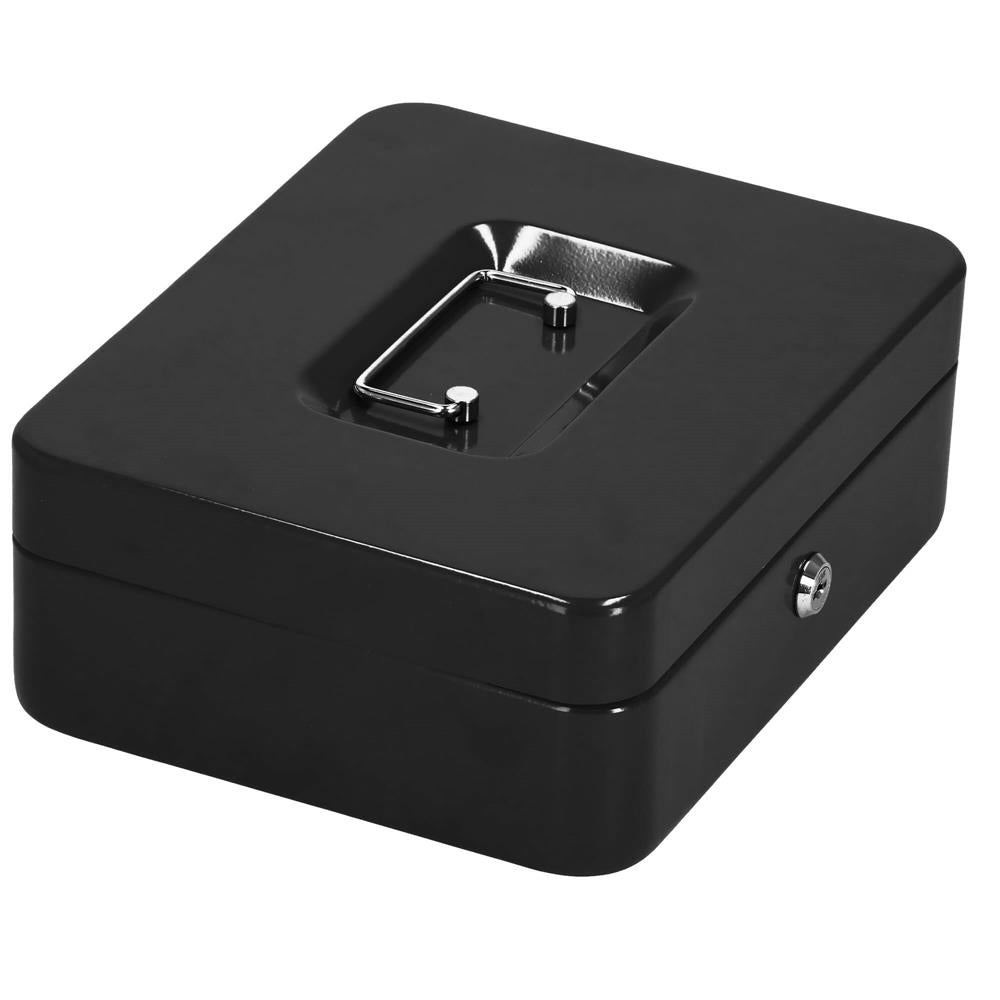 Caseta pentru bani tip cutie de valori, compartimentanta, cu cheie, metal, 25x20x9cm, negru