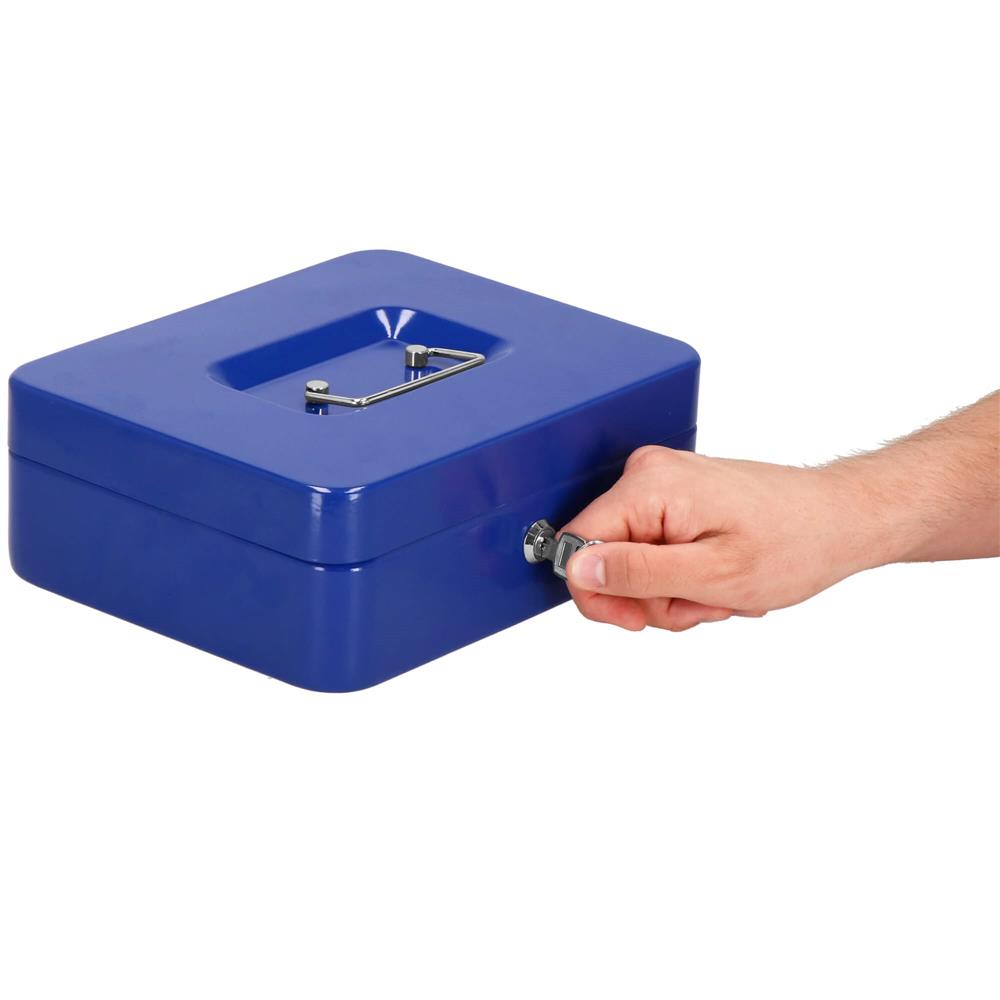 Caseta pentru bani tip cutie de valori, compartimentanta, cu cheie, metal, 20x16x9cm, albastru