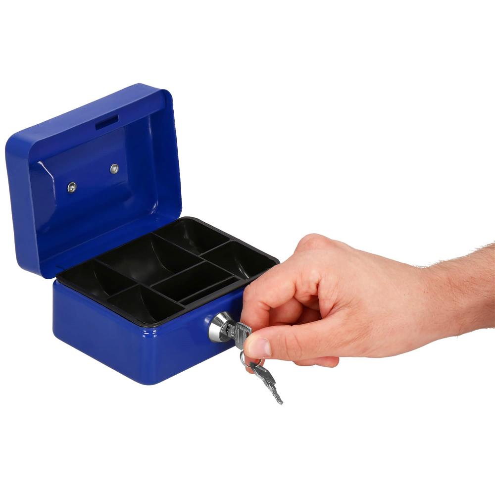 Caseta pentru bani tip cutie de valori, compartimentanta, cu cheie, metal, 12.5x9.5x6.5cm, albastru