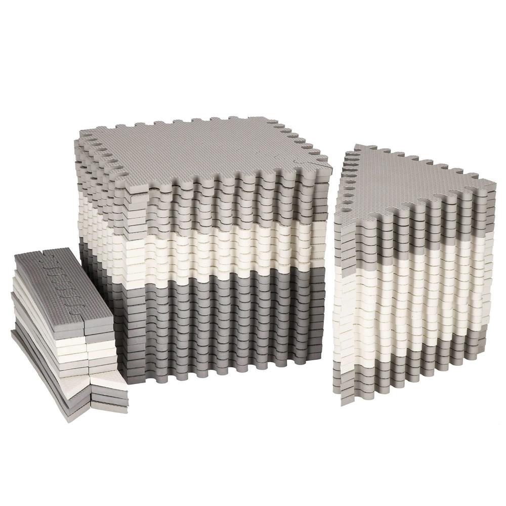 Covor din spuma pentru copii, tip puzzle triunghiuri, 96 piese,186×186 cm, alb gri