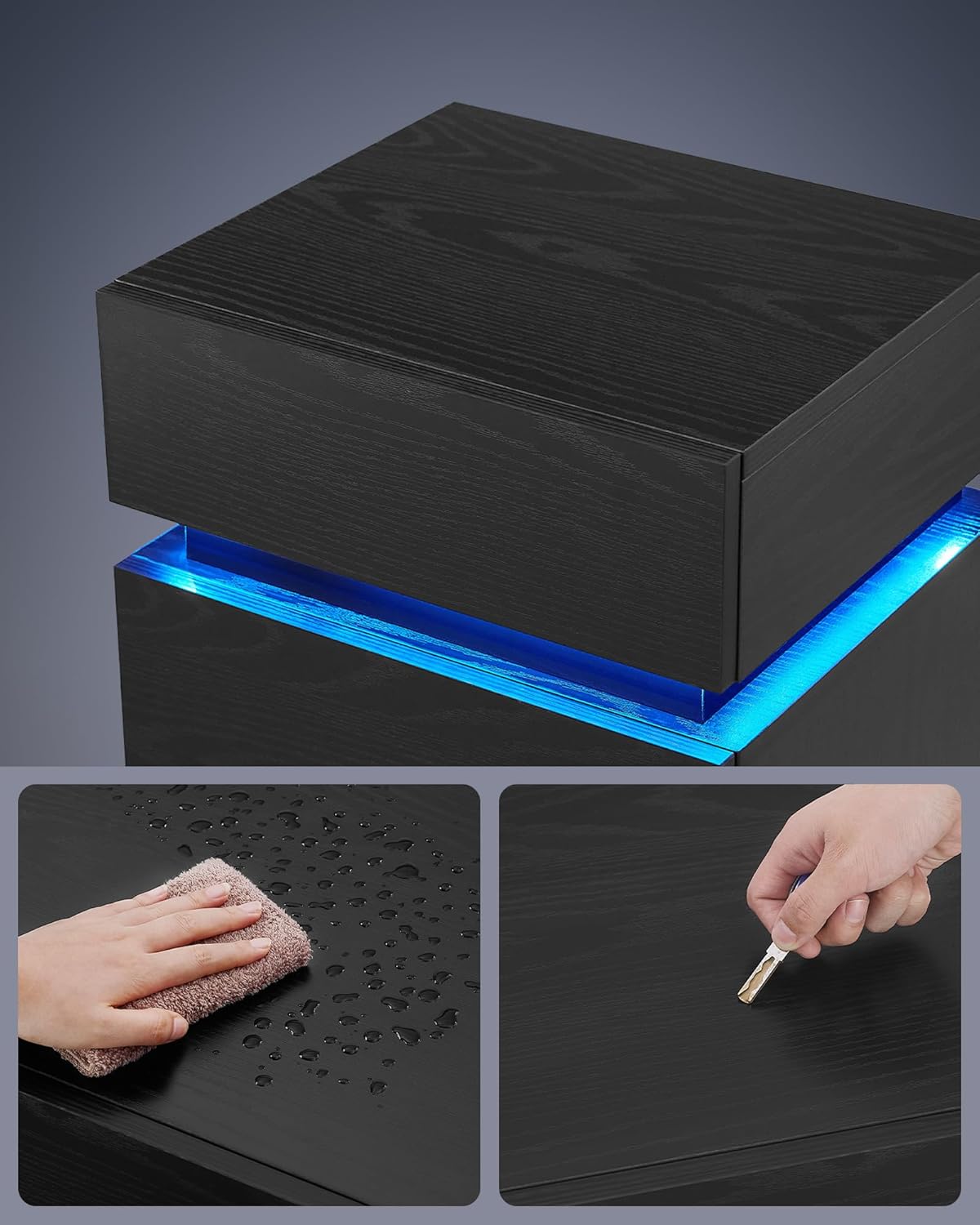 VASAGLE Noptiera din MDF cu iluminare LED, culori si intensitate reglabile, 35x40x55cm, negru
