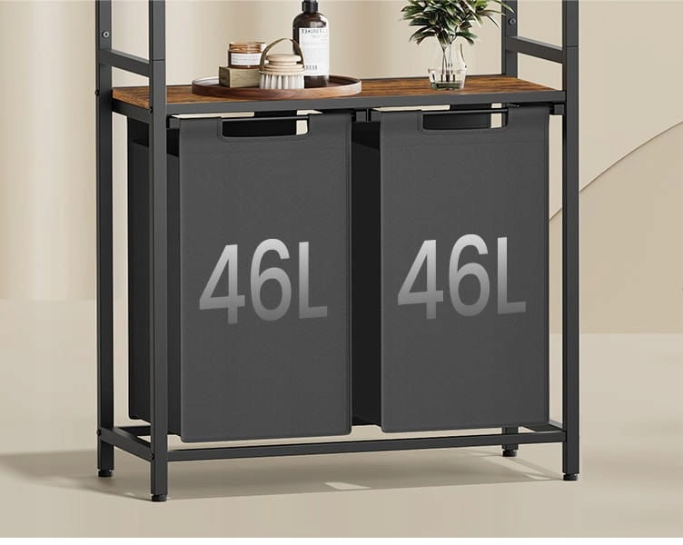 VASAGLE Cos de rufe, 2 compartimente, saci de rufe detasabili, 2 rafturi, tija umerase, 2x46L, 73x33x177cm, maro rustic