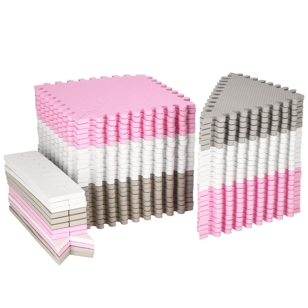 Covor din spuma pentru copii, tip puzzle triunghiuri, 96 piese,186×186 cm, gri roz