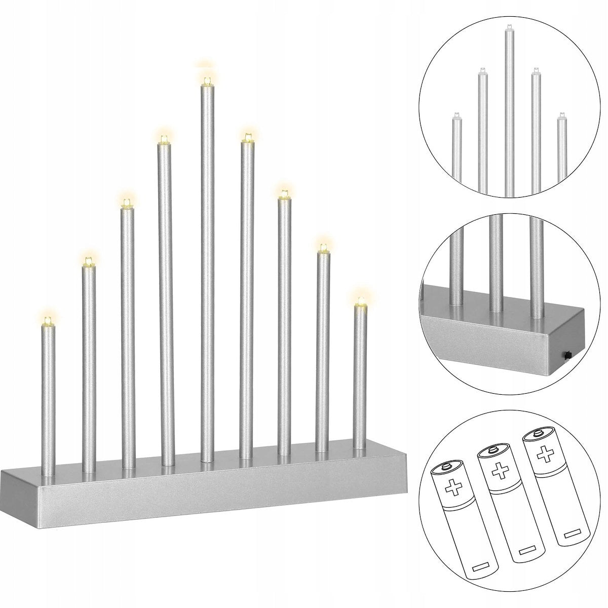 Lumanari decorative de Craciun, 9 becuri tip LED, culoare argintiu