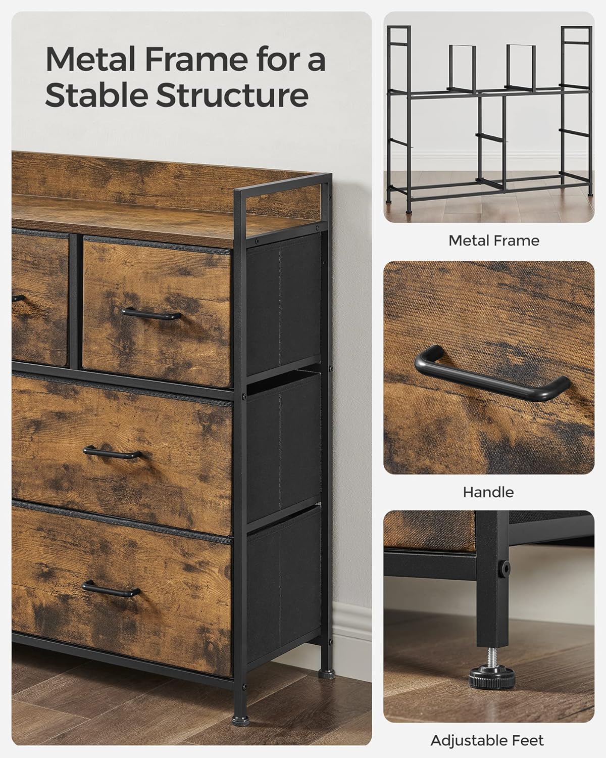 SONGMICS Comoda cu cadru metalic si 7 sertare din textil, stil industrial, 98x29x85cm, maro rustic si negru