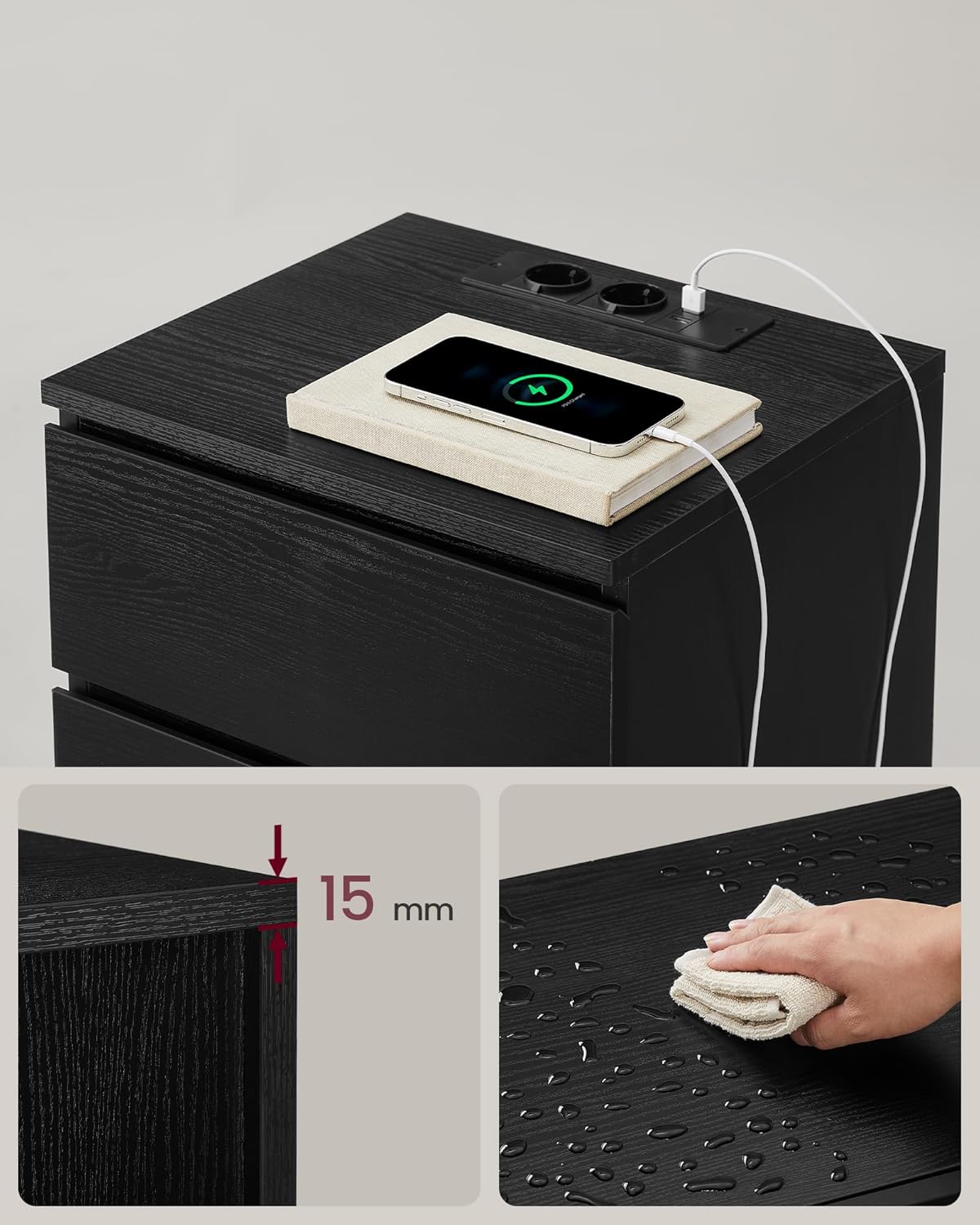 VASAGLE Set de 2 noptiere, cu sertare, 2 prize si 2 USB, 35x40x59 cm, negru