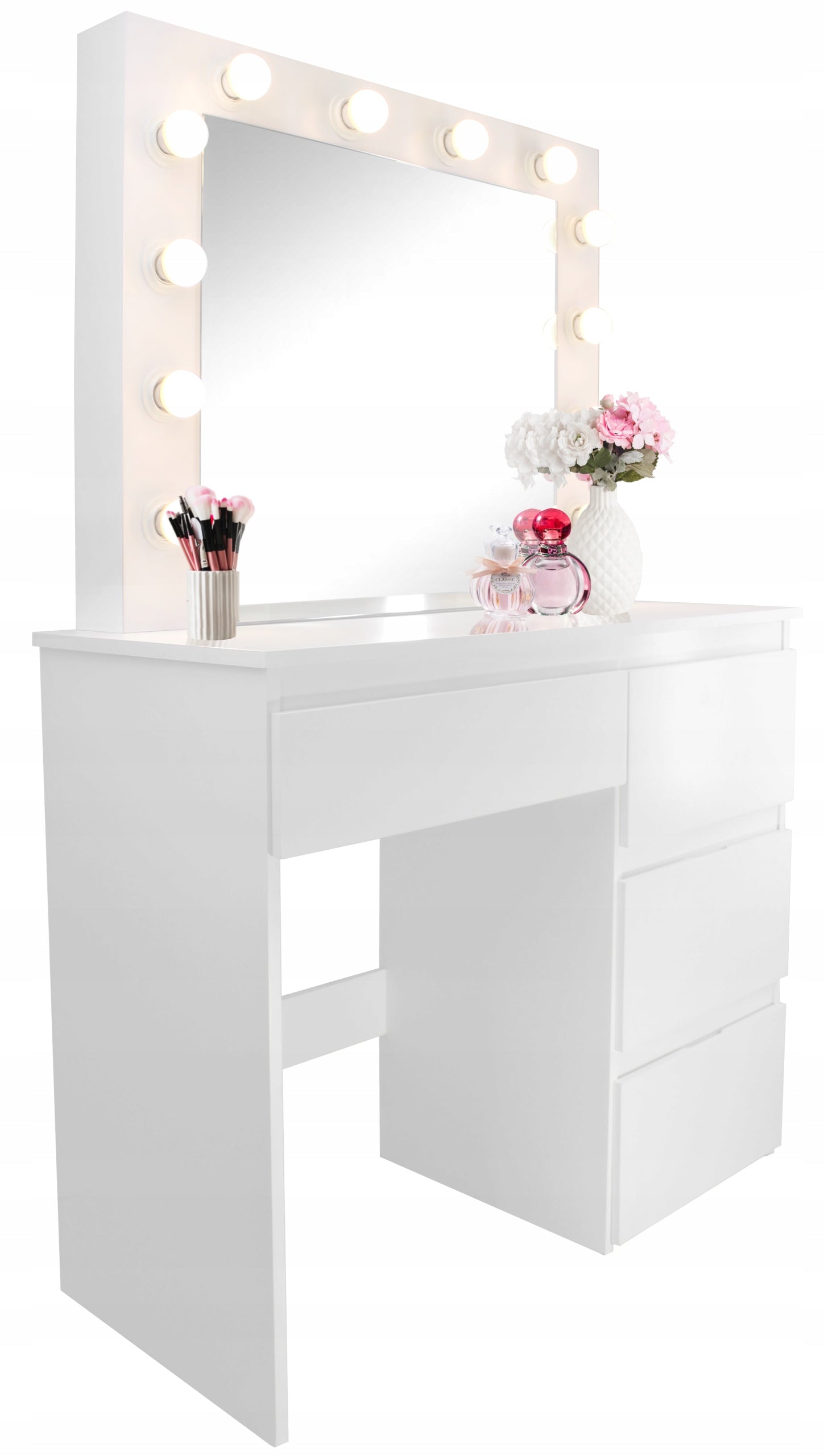 Masa de toaleta si machiaj Hollywood Pro, alba, cu 4 sertare, oglinda si 12 LED-uri, 94x43x140 cm