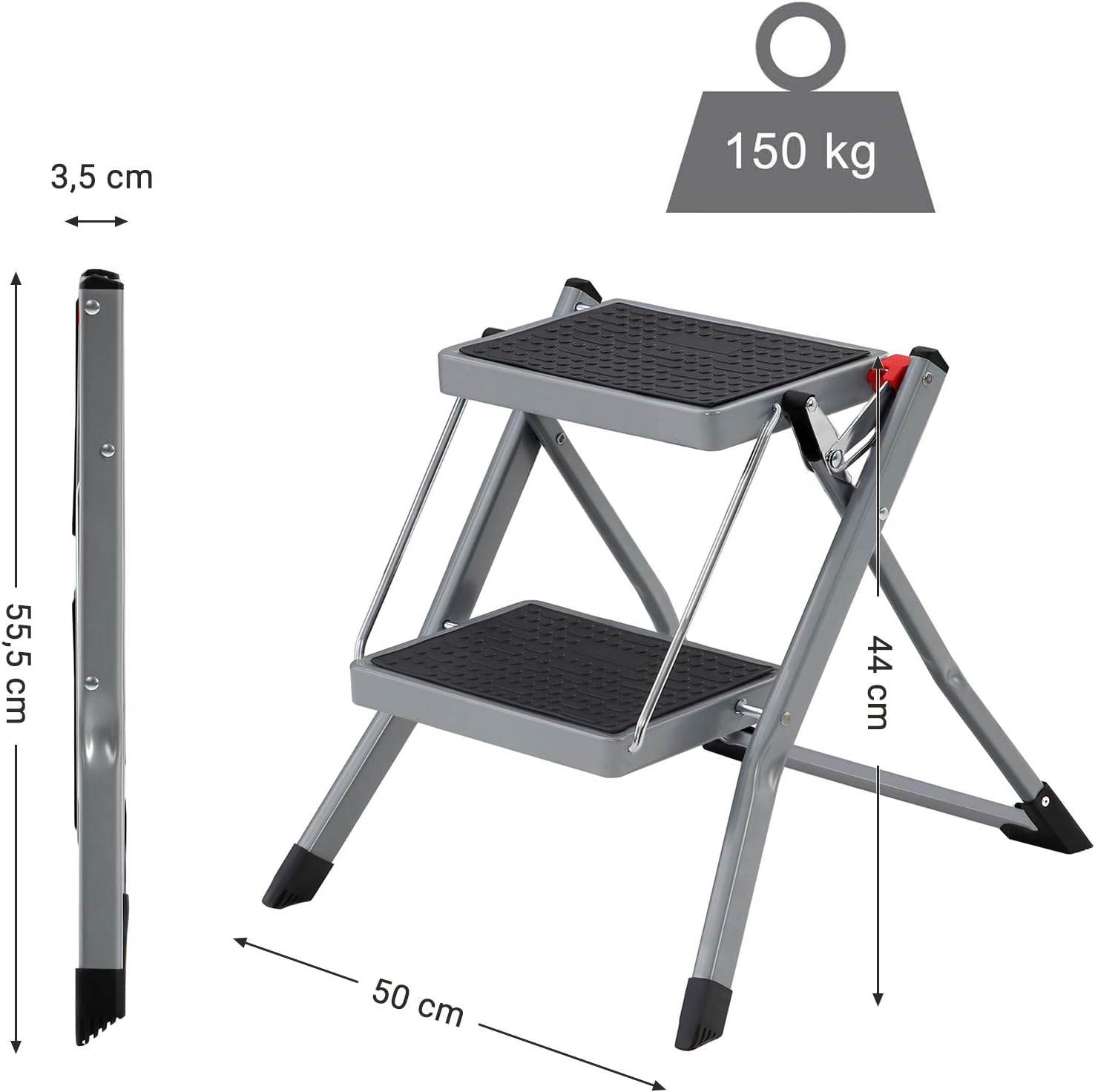 SONGMICS Scara pliabila cu 2 trepte, cauciuc antiderapant, cu maner, sarcina 150 kg, otel, 50x60x44cm, gri si negru