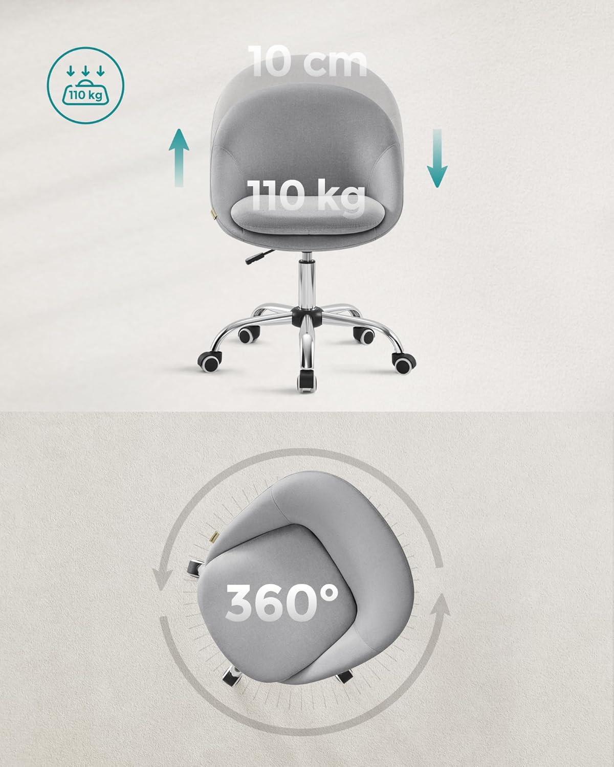 SONGMICS Scaun de birou ergonomic, inaltime reglabila, 60x60x(80-90) cm, gri - 7