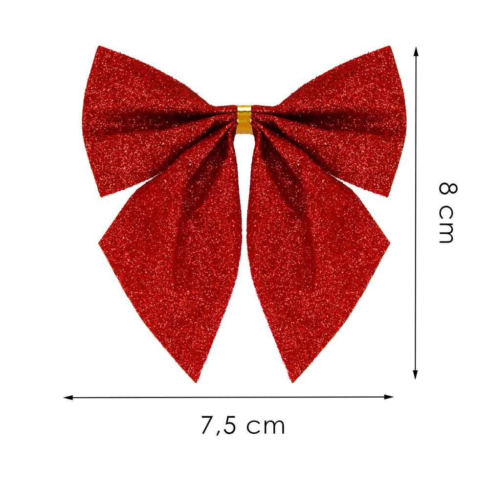Set 6 ornamente pentru bradul de Craciun, fundita, 8cm, rosu cu sclipici