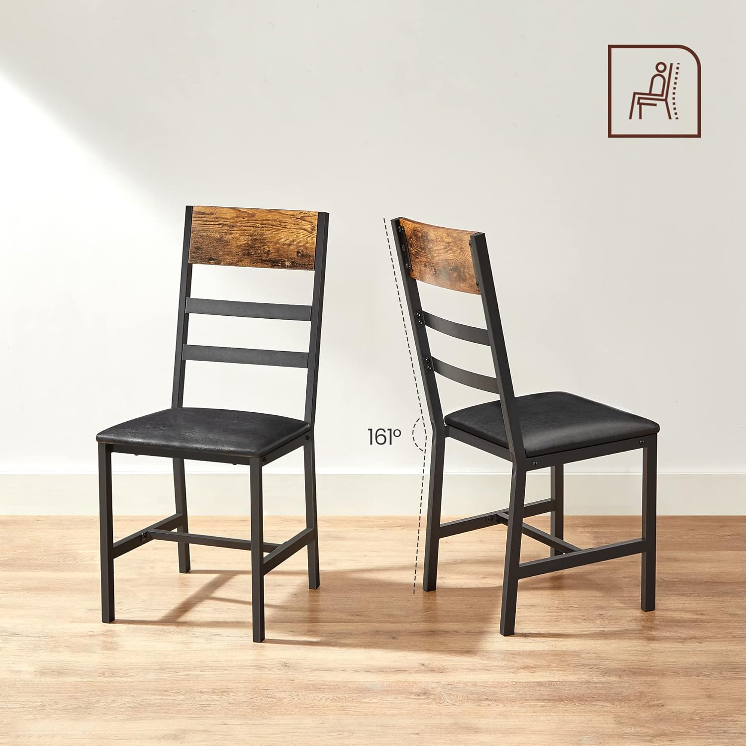 VASAGLE Set 2 scaune de living, tapitate, cu spatar, stil industrial, 43x43x96 cm, maro rustic si negru