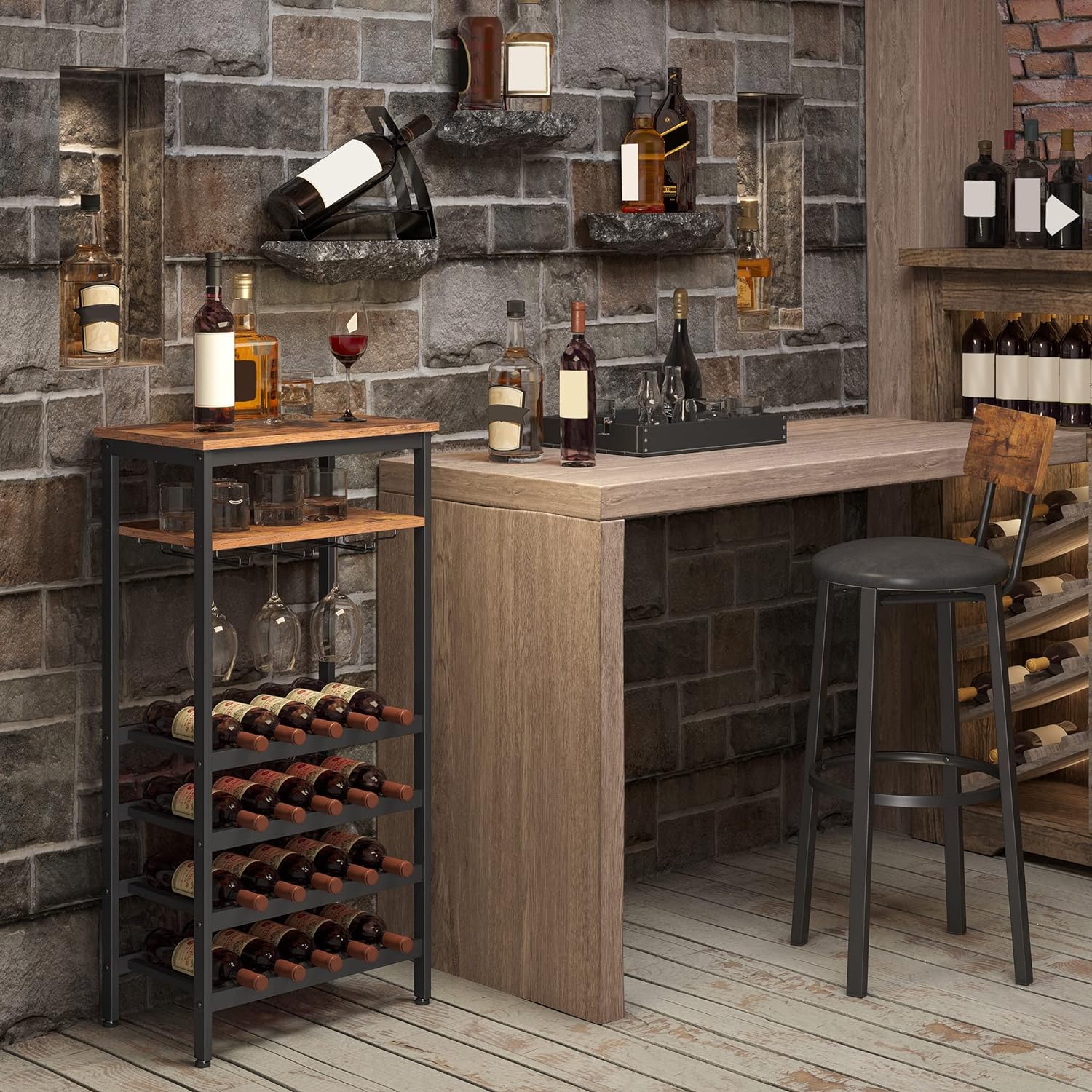 VASAGLE Raft pentru vinuri, capacitate 20 de sticle, cu suport pentru pahare, stil industrial, 50x32x100cm, maro rustic si negru