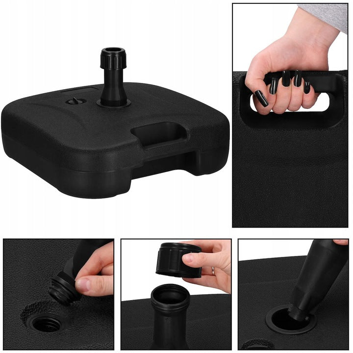 Suport umbrela patrat, din plastic, 22 litri, umplere cu apa sau nisip, negru