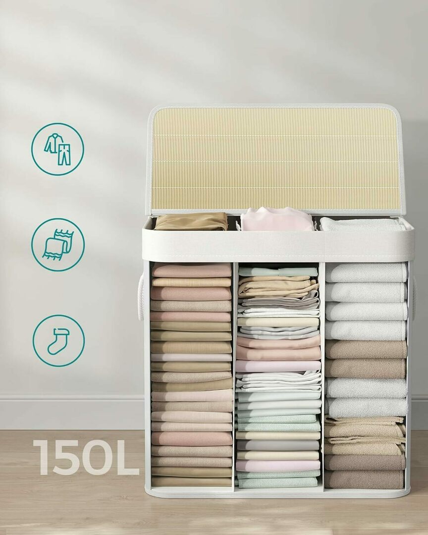SONGMICS Cos de rufe din bambus, pliabil, cu captuseala detasabila lavabila, 3 compartimente, 150L, 60x40x62cm, alb