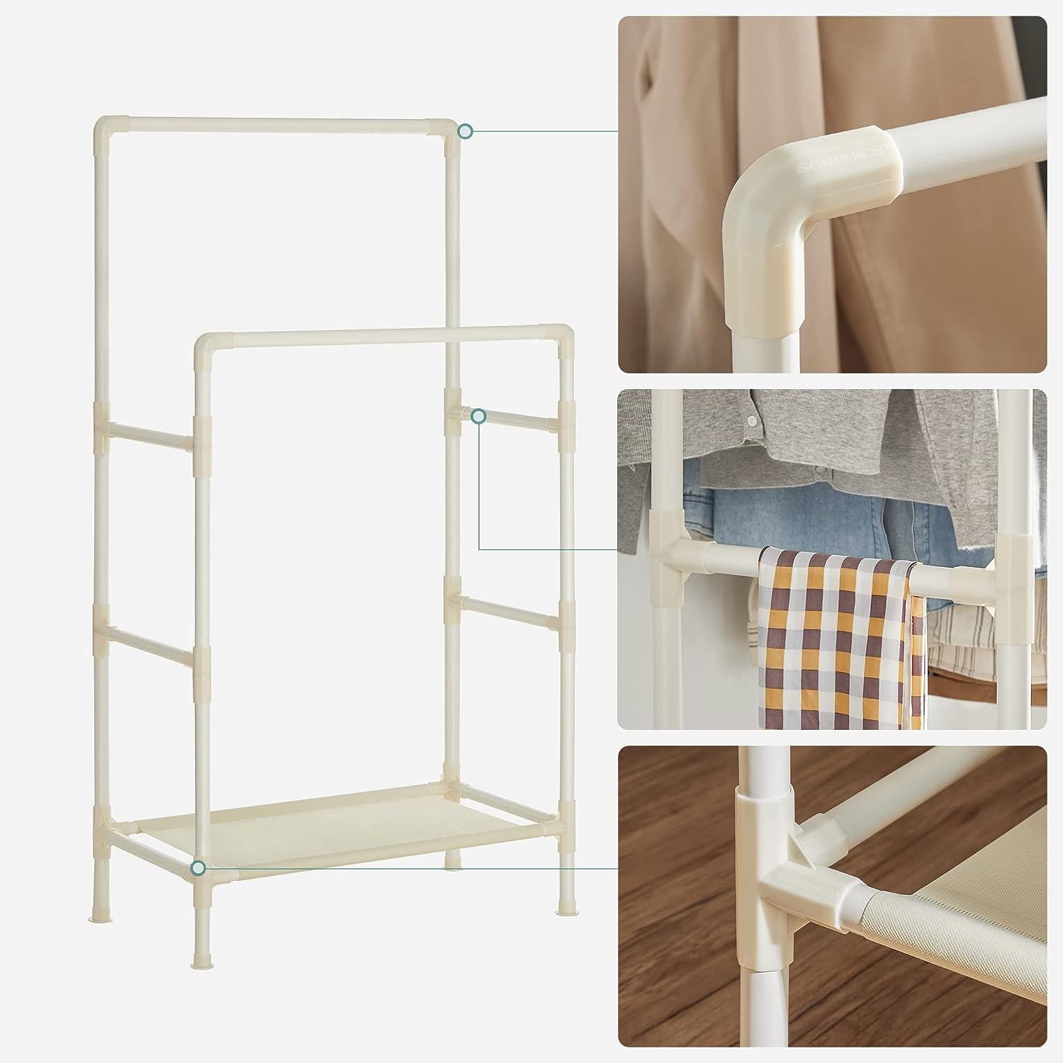 SONGMICS Raft de haine din metal, cu 2 bare de haine si 1 raft, maxim 70 kg, industrial, 45x83x157cm, alb