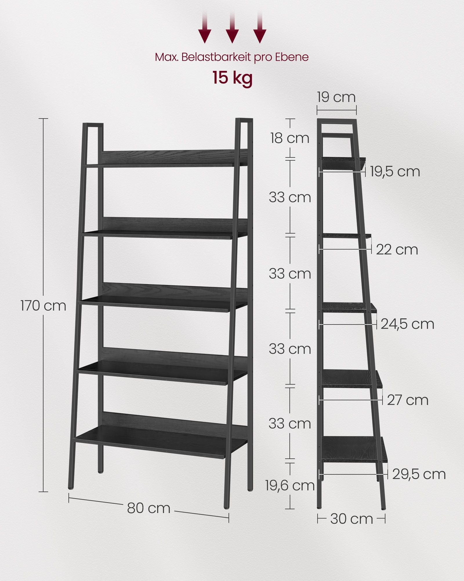 VASAGLE Biblioteca tip scara, cadru otel cu 5 polite, stil industrial, 80x30x170 cm, negru - 7