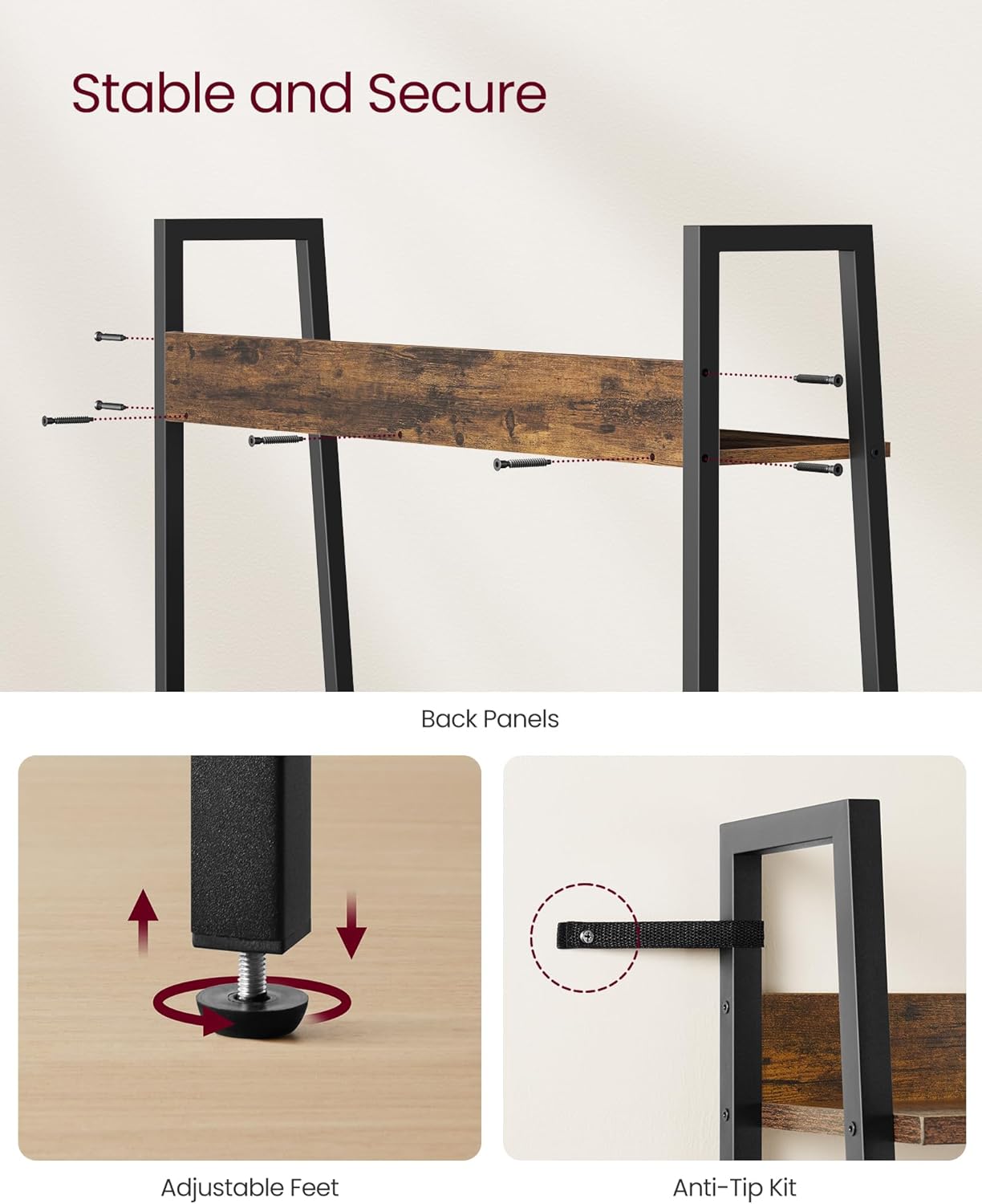 VASAGLE Biblioteca tip scara, cadru otel cu 5 polite, stil industrial, 80x30x170 cm, maro - 6