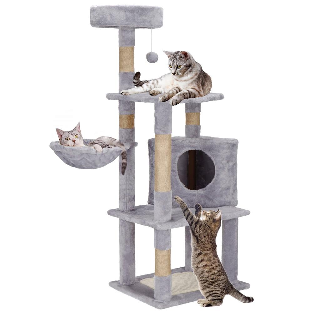 Ansamblu de joaca pentru pisici, cu loc pentru zgariat, ascuns, culcus, minge, 124cm, gri