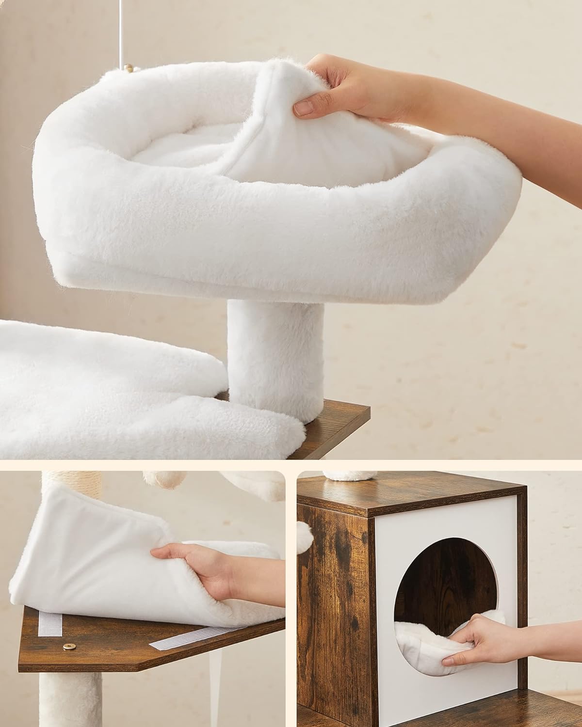 FEANDREA Mobilier 2 in 1 pentru pentru pisici cu cusca, ascunzatoare si loc de joaca, 58x50x140cm, maro vintage
