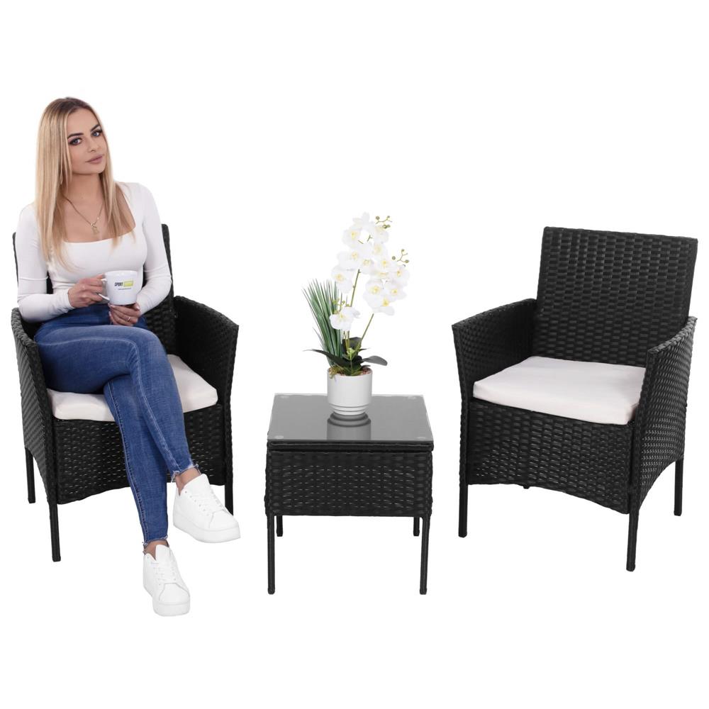Set mobilier terasa, din tehnorattan, masa cu blat sticla securizata, 2 fotolii cu perne, negru