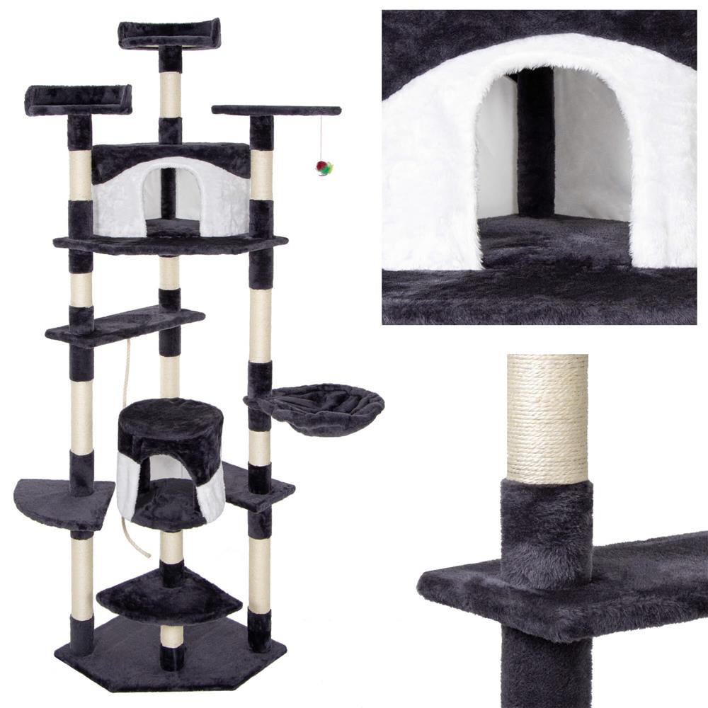 Ansamblu de joaca pentru pisici, cu loc pentru zgariat, ascuns, culcus, minge, sfoara, 203cm, gri inchis