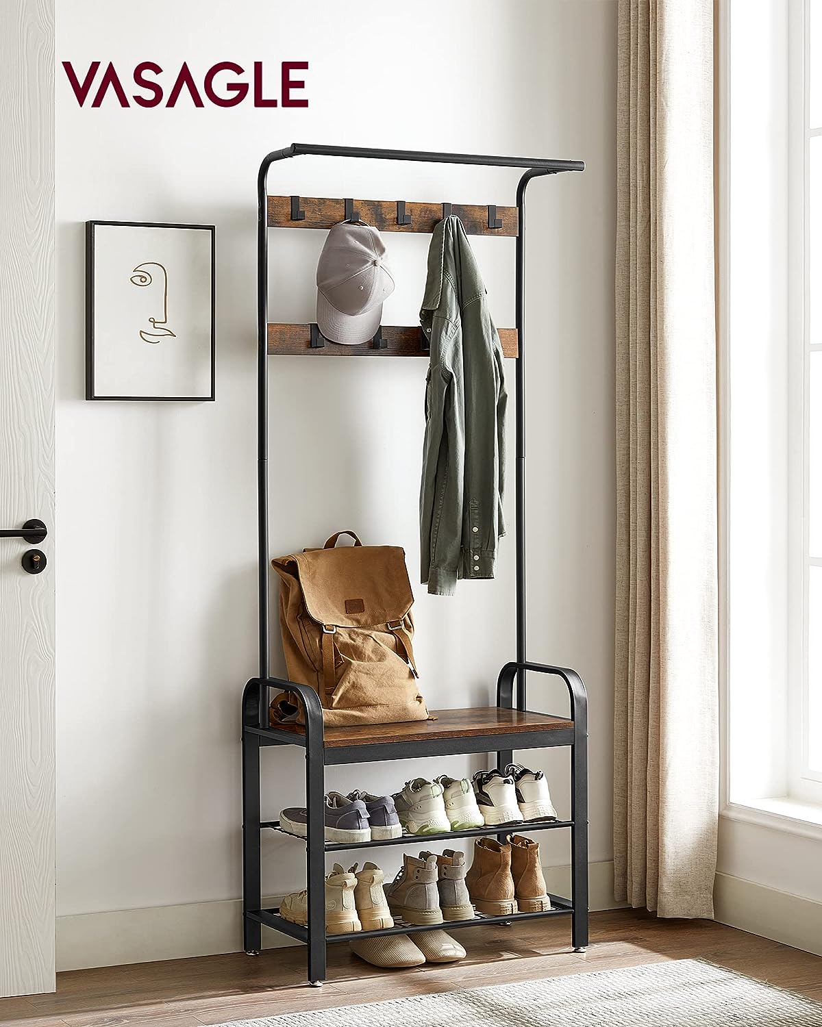 VASAGLE Cuier pentru haine, cu banc depozitare pantofi, 9 carlige detasabile, sina pentru haine, 34x77x183cm, industrial, maro rustic si negru