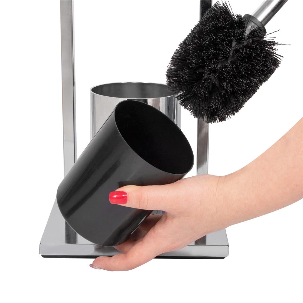 Stand cu perie WC si suport hartie igienica, inox si bambus, 75cm, argintiu