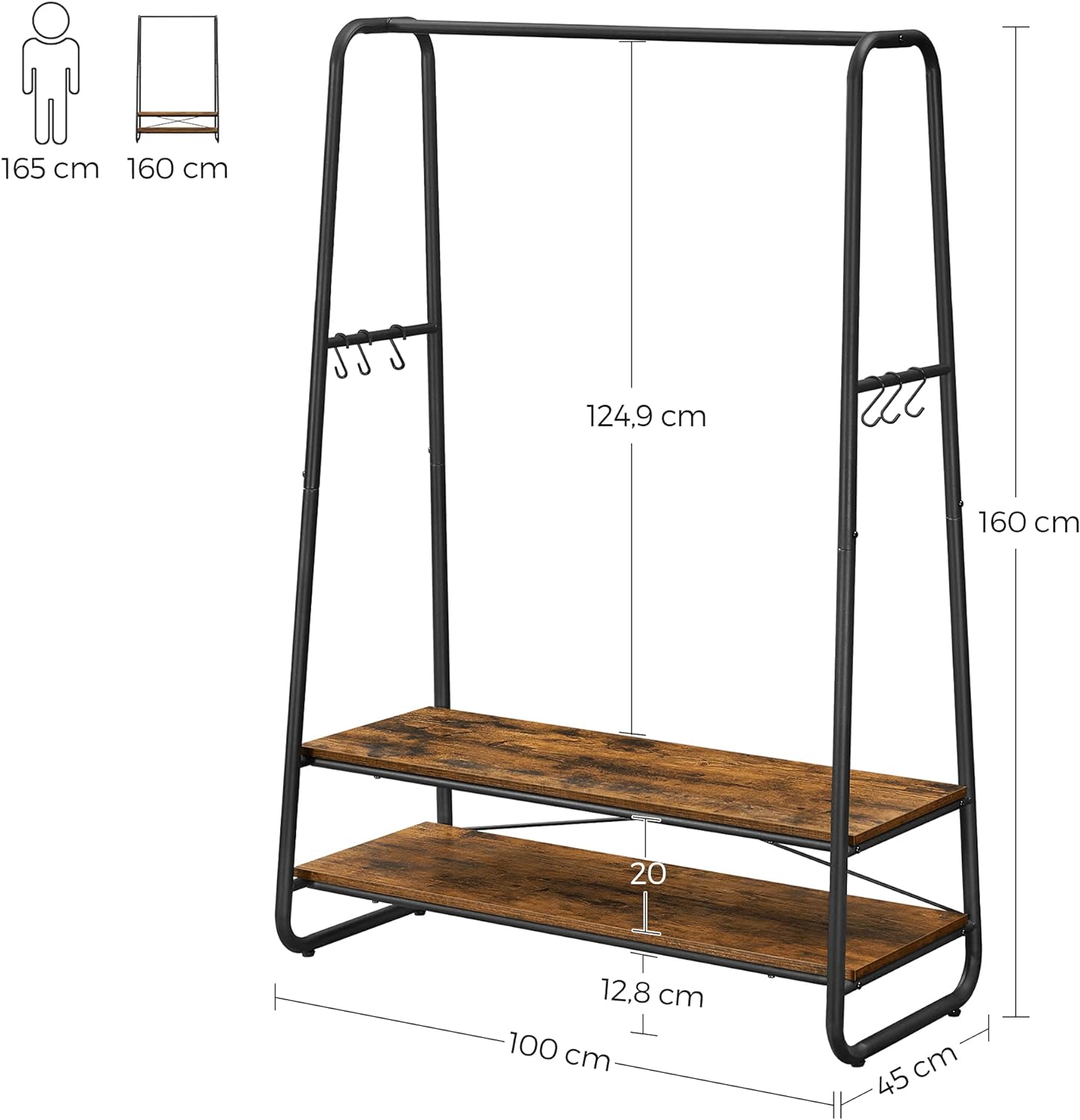 VASAGLE Raft pentru haine cu suport pentru pantofi, 2 polite, 6 carlige laterale, 45x100x160cm, maro rustic - 7