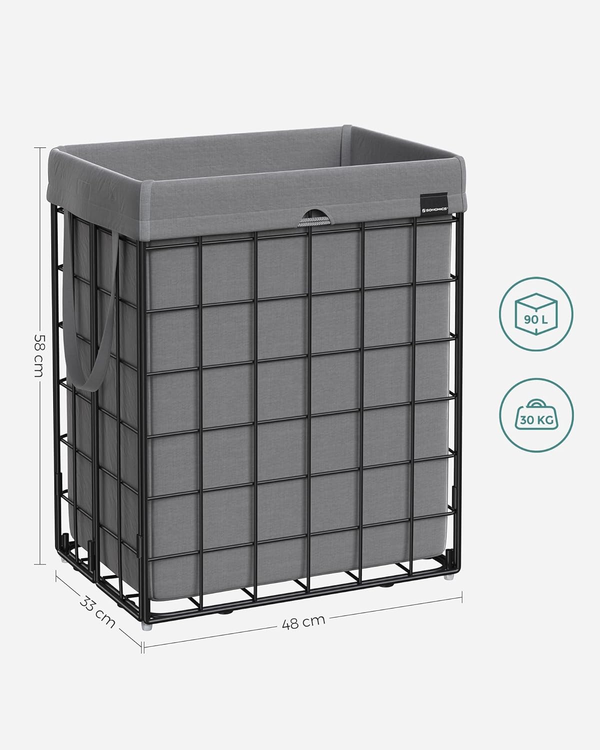 SONGMICS Cos de rufe pliabil cu cadru metalic, sac detasabil si lavabil, 90L, 48x33x58cm, negru si gri