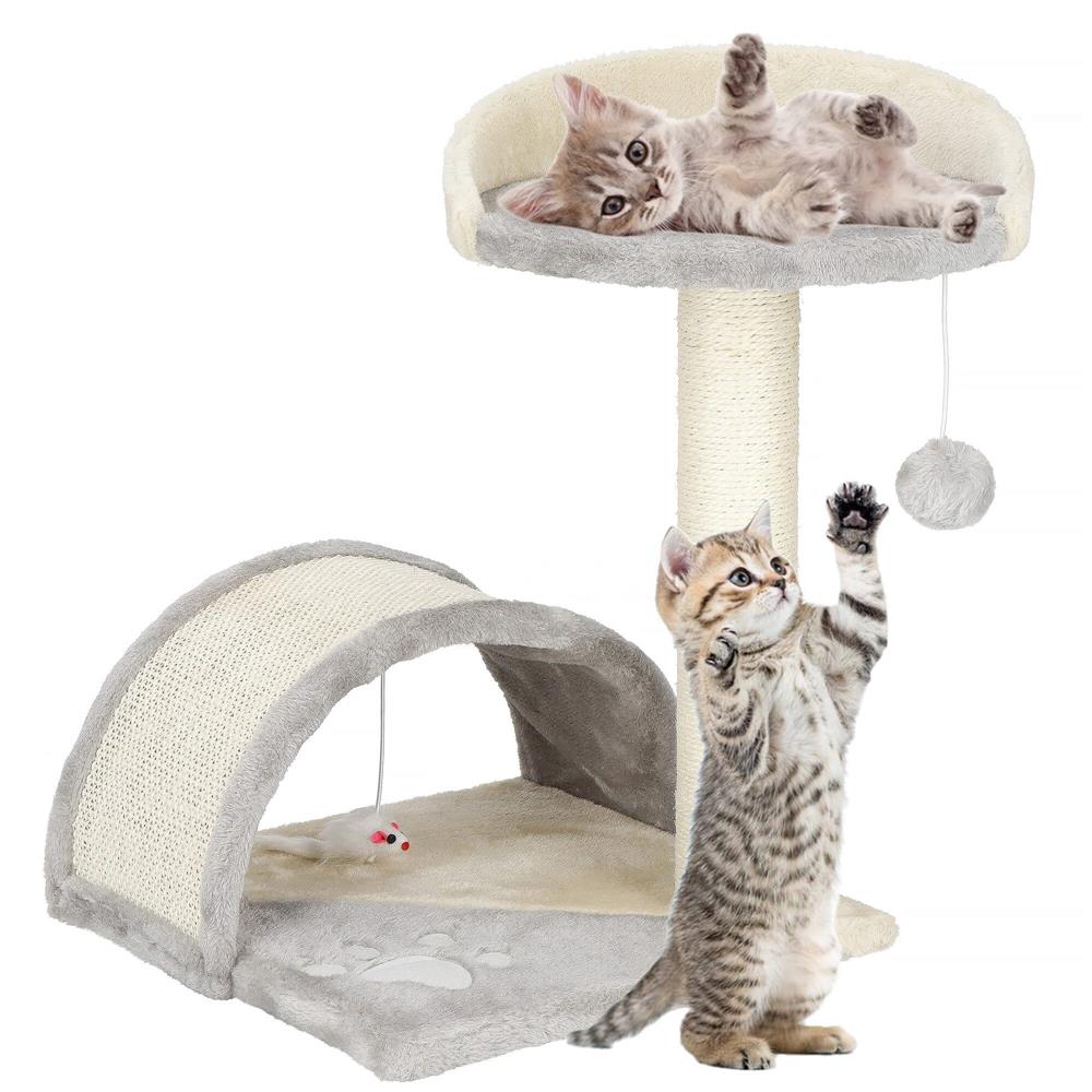 Ansamblu de joaca pentru pisici, cu loc pentru zgariat, culcus, minge, 47cm, crem
