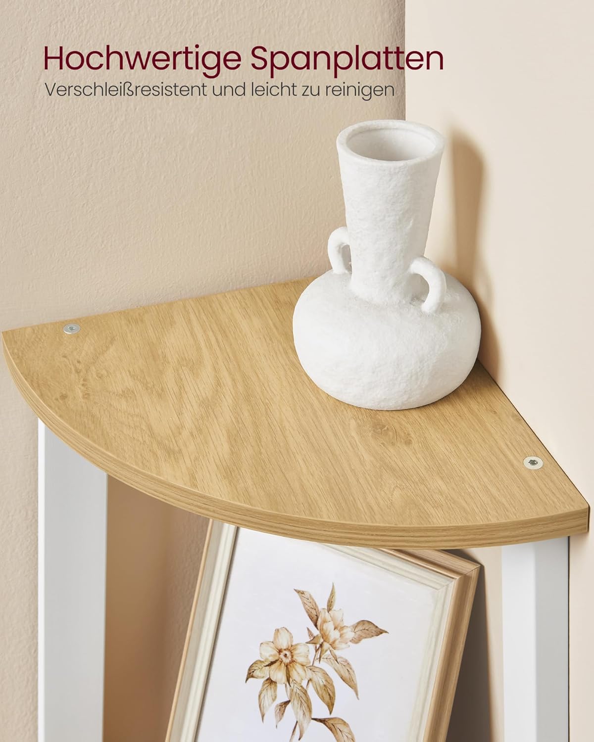 VASAGLE Raft de colt cu 4 etaje, tip biblioteca, cadru metal si polite lemn, 34x34x125 cm, alb si maro - 7