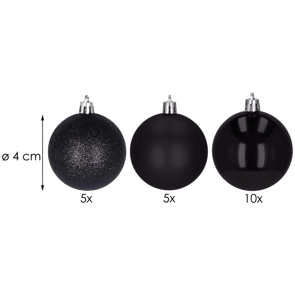 Set globuri de Craciun, 20 bucati, 3 modele, 4cm, negru